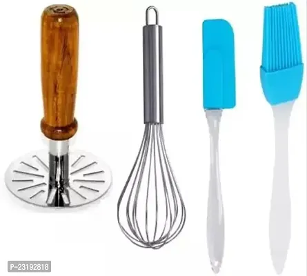 Classic Masher Whisk Masher And Whisker Combo Spatula And Oil Brush Combo Stainless Steel Wire Whisker Wooden Handle Masher Kitchen Tool Set Pack Of 4