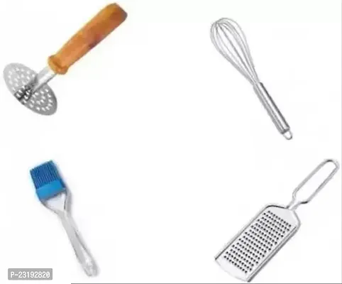 Classic Potato Masher/Whisk and Silicon Brush Ss Cheese Grater Combo Grater Masher Whisk Brush Pack Of 4