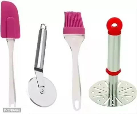 Classic Stainless Steel Pav Bhaji Masher And Pizza Cutter Combo, Kitchen Tools Combo Big Sizecooking Oil Brush And Spatula Pack Of 4