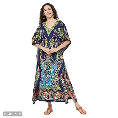 Trendif Women's?Navy Blue Multicolor Faux Crepe Digital Print Long Kaftan - 4276XS-thumb1