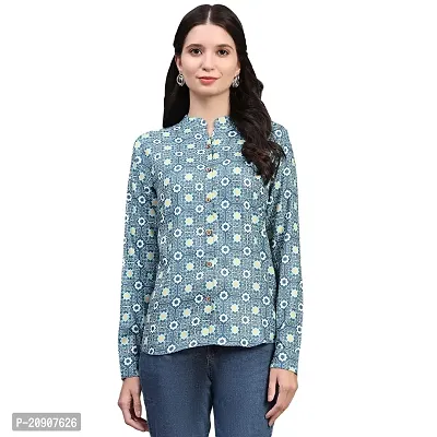 Trendif Women's Teal Polyester Rayon Digital Print Casual Chinese Collar Shirt - 4310