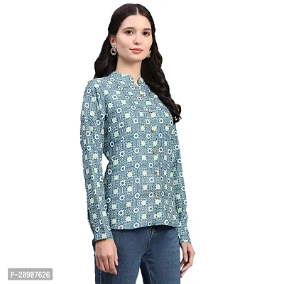 Trendif Women's Teal Polyester Rayon Digital Print Casual Chinese Collar Shirt - 4310-thumb4