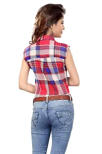 Trendif Women's Red N Beige Poly Georgette Checkered Print Sleeveless Shirt-thumb3