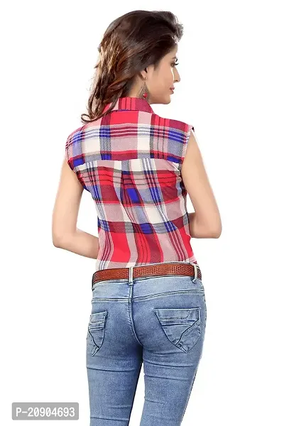Trendif Women's Red N Beige Poly Georgette Checkered Print Sleeveless Shirt-thumb4