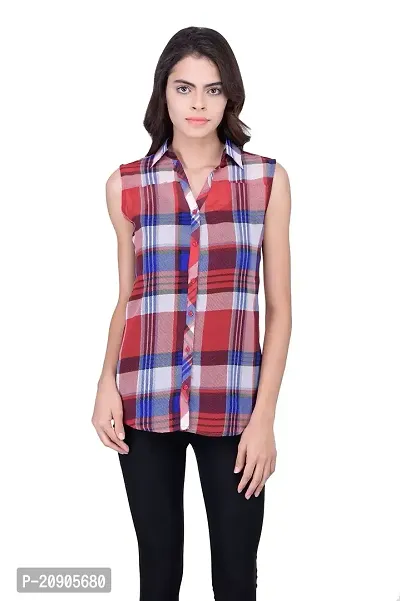 Trendif Women's Red Checkered Sleeveless Shirt