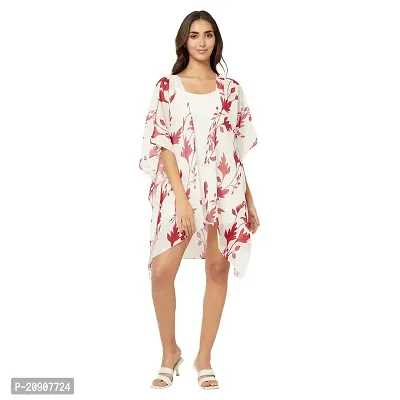 Trendif White Open Front Red Leaf Printed Women Shrug-thumb0