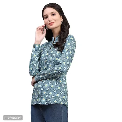 Trendif Women's Teal Polyester Rayon Digital Print Casual Chinese Collar Shirt - 4310-thumb3