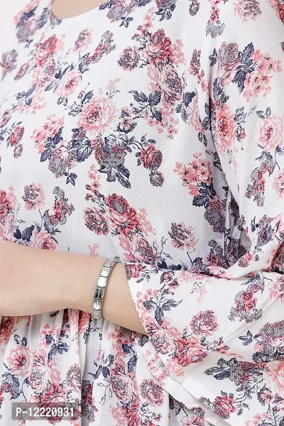 DECHEN Women's Floral Print Bell Sleeves Round Neck Pink Peplum Top-thumb5