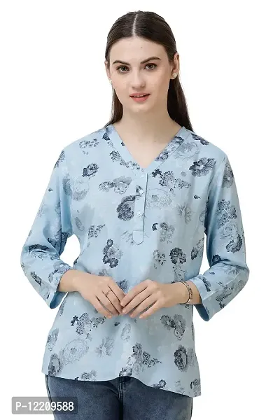 DECHEN Women's Floral Print 3/4 Sleeves V-Neck Light Blue Kurta