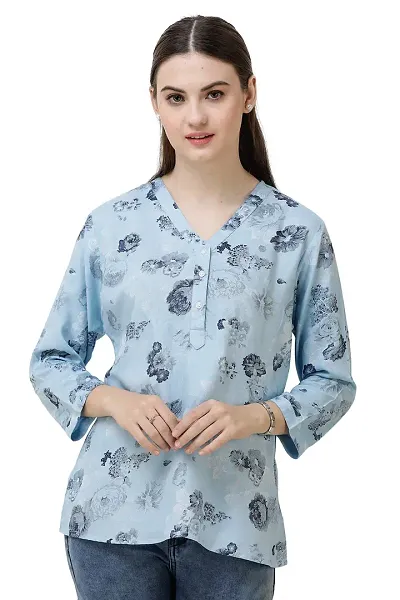 DECHEN Women's Floral Print 3/4 Sleeves V-Neck Light Kurta