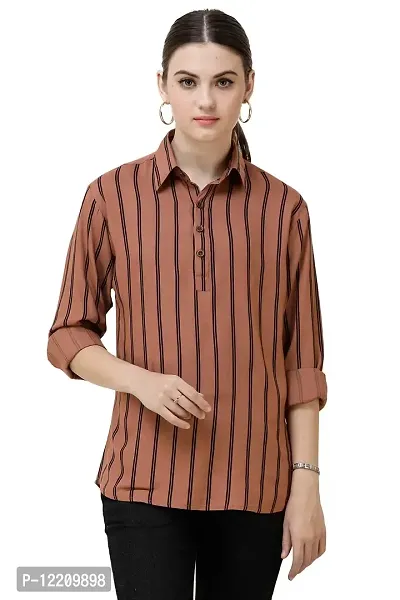 DECHEN Women's Striped Full Sleeves Shirt Collar Brown Kurta