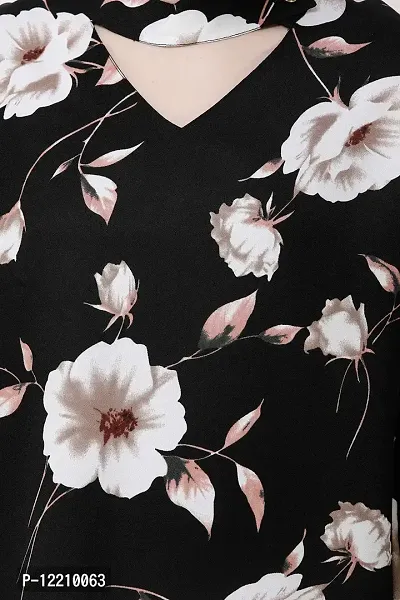 DECHEN Women's Floral Print Ruffled Sleeves V-Neck Black Casual Top-thumb5