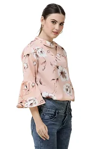 DECHEN Women's Floral Print Ruffled Sleeves Round Neck Peach Casual Top-thumb1