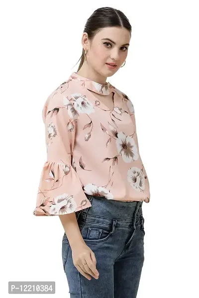DECHEN Women's Floral Print Ruffled Sleeves Round Neck Peach Casual Top-thumb2