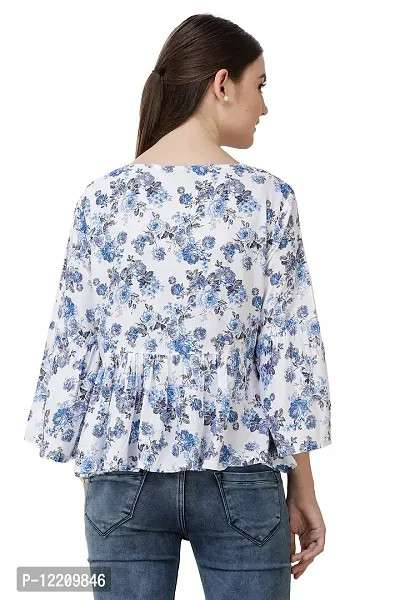 DECHEN Women's Floral Print Bell Sleeves Round Neck Blue Peplum Top-thumb4