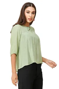 DECHEN Women's Cotton Rayon Blend Fabric Balloon Sleeve Tie- Up Neck Peasant Top-thumb1