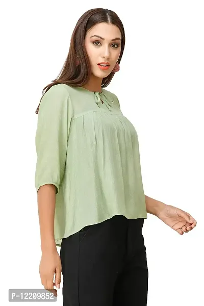 DECHEN Women's Cotton Rayon Blend Fabric Balloon Sleeve Tie- Up Neck Peasant Top-thumb2