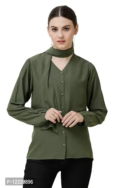 DECHEN Women's Gathered Sleeve Tie-Up Neck Front Buttons Casual Shirt