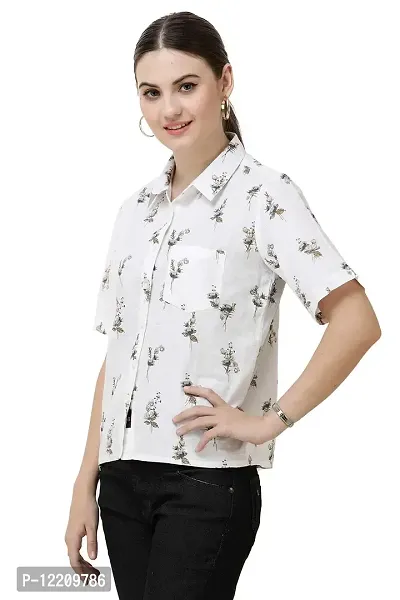 DECHEN Women's Half Sleeve Curved Collar Floral Print Brown Cropped Shirt-thumb3