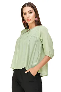 DECHEN Women's Cotton Rayon Blend Fabric Balloon Sleeve Tie- Up Neck Peasant Top-thumb2