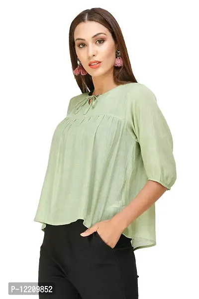 DECHEN Women's Cotton Rayon Blend Fabric Balloon Sleeve Tie- Up Neck Peasant Top-thumb3