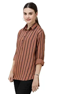 DECHEN Women's Striped Full Sleeves Shirt Collar Brown Kurta-thumb2