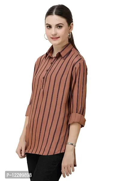 DECHEN Women's Striped Full Sleeves Shirt Collar Brown Kurta-thumb3