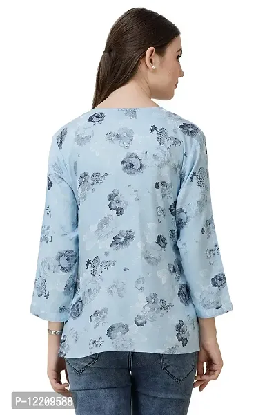 DECHEN Women's Floral Print 3/4 Sleeves V-Neck Light Blue Kurta-thumb4