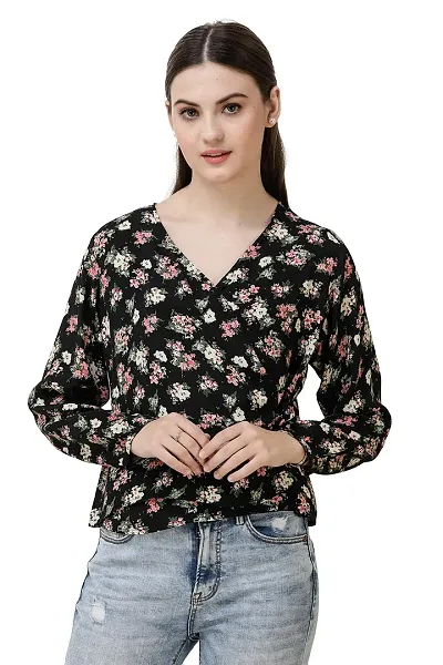 Women Floral Print Bishop Sleeves V-Neck Wrap Top