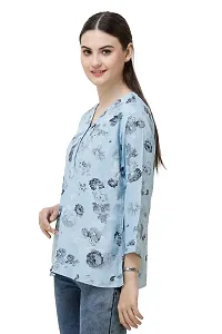 DECHEN Women's Floral Print 3/4 Sleeves V-Neck Light Blue Kurta-thumb2