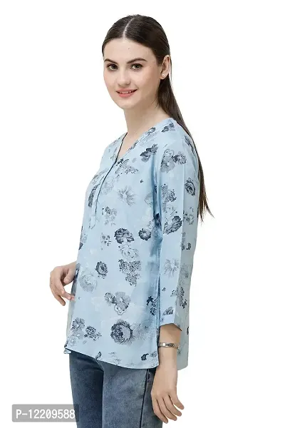 DECHEN Women's Floral Print 3/4 Sleeves V-Neck Light Blue Kurta-thumb3