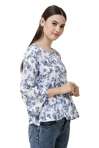 DECHEN Women's Floral Print Bell Sleeves Round Neck Blue Peplum Top-thumb1