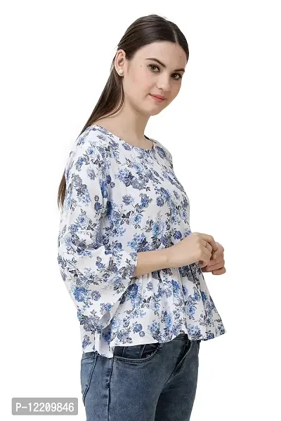 DECHEN Women's Floral Print Bell Sleeves Round Neck Blue Peplum Top-thumb2