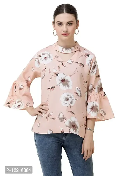 DECHEN Women's Floral Print Ruffled Sleeves Round Neck Peach Casual Top