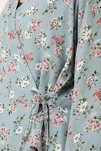 DECHEN Women's Floral Print Bishop Sleeves V-Neck Grey Wrap Top-thumb4