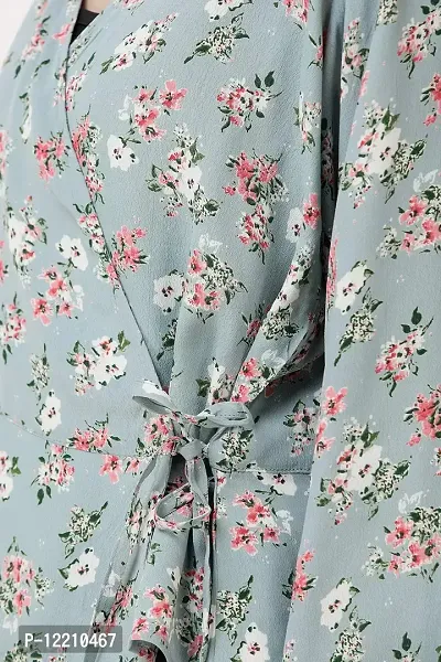 DECHEN Women's Floral Print Bishop Sleeves V-Neck Grey Wrap Top-thumb5