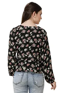 DECHEN Women's Floral Print Bishop Sleeves V-Neck Black Wrap Top-thumb3