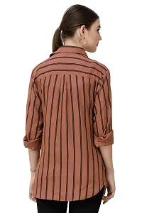 DECHEN Women's Striped Full Sleeves Shirt Collar Brown Kurta-thumb3