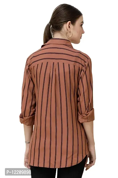 DECHEN Women's Striped Full Sleeves Shirt Collar Brown Kurta-thumb4