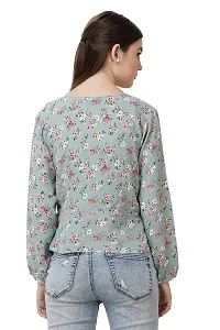 DECHEN Women's Floral Print Bishop Sleeves V-Neck Grey Wrap Top-thumb3