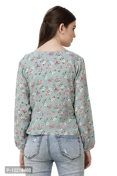 DECHEN Women's Floral Print Bishop Sleeves V-Neck Grey Wrap Top-thumb4