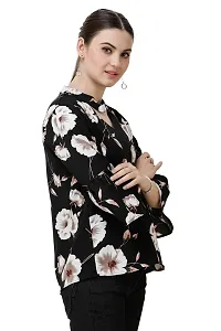 DECHEN Women's Floral Print Ruffled Sleeves V-Neck Black Casual Top-thumb1