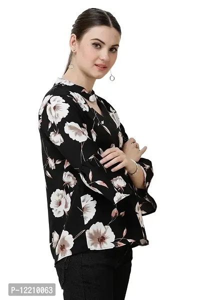DECHEN Women's Floral Print Ruffled Sleeves V-Neck Black Casual Top-thumb2