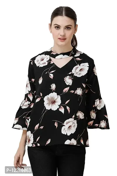 DECHEN Women's Floral Print Ruffled Sleeves V-Neck Black Casual Top