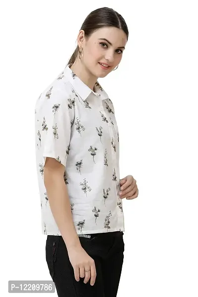 DECHEN Women's Half Sleeve Curved Collar Floral Print Brown Cropped Shirt-thumb2