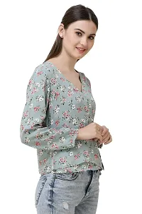 DECHEN Women's Floral Print Bishop Sleeves V-Neck Grey Wrap Top-thumb1