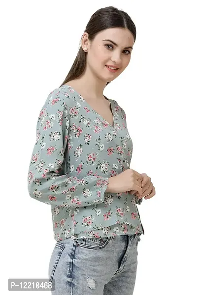 DECHEN Women's Floral Print Bishop Sleeves V-Neck Grey Wrap Top-thumb2