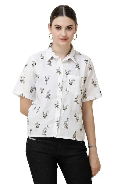 DECHEN Women's Half Sleeve Curved Collar Floral Print Cropped Shirt