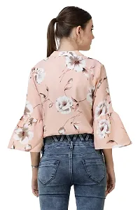 DECHEN Women's Floral Print Ruffled Sleeves Round Neck Peach Casual Top-thumb3