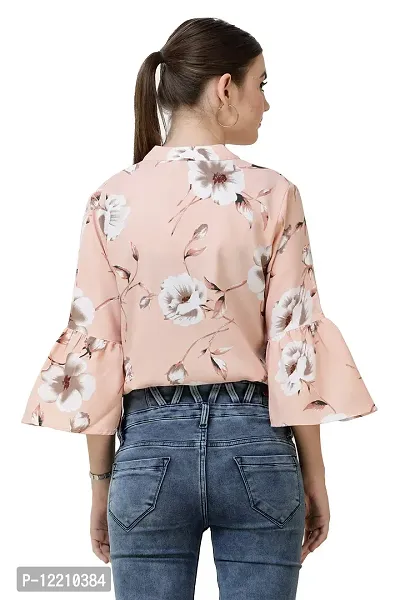 DECHEN Women's Floral Print Ruffled Sleeves Round Neck Peach Casual Top-thumb4